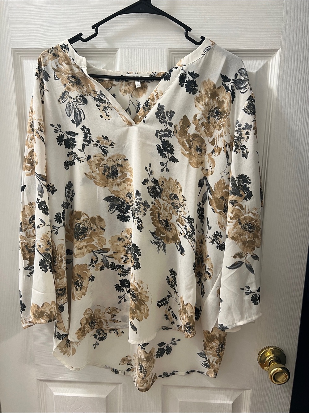 Maurices Cream Floral V-Neck Blouse with Tan and Black Accents